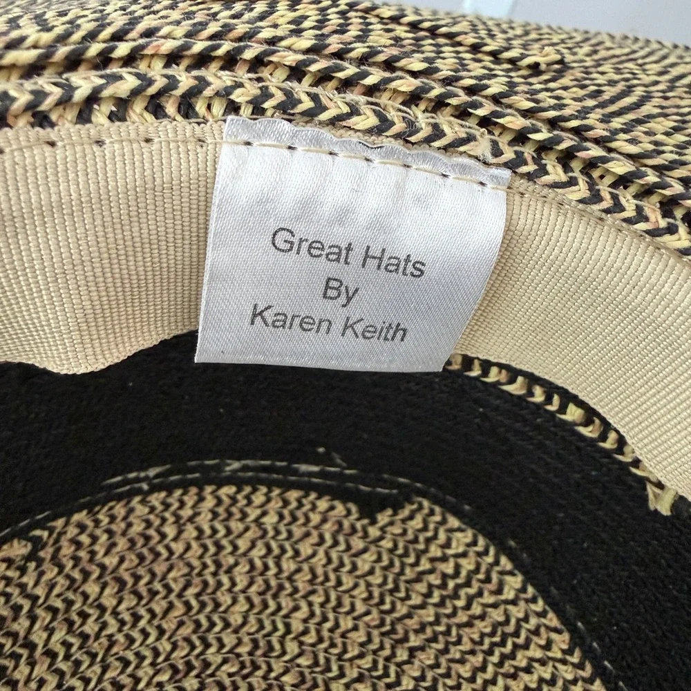 Karen Keith OS Black Tan Straw Wide Brim Sun Hat Geo Band Summer Beach Chic